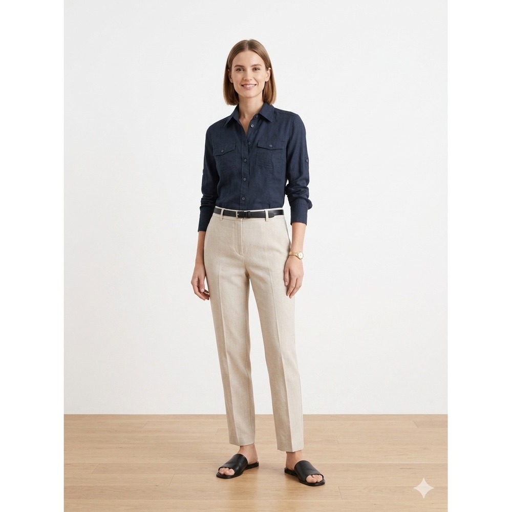 Theory Womens Navy Blue Linen Blend Utility Button Down Shirt Pockets S